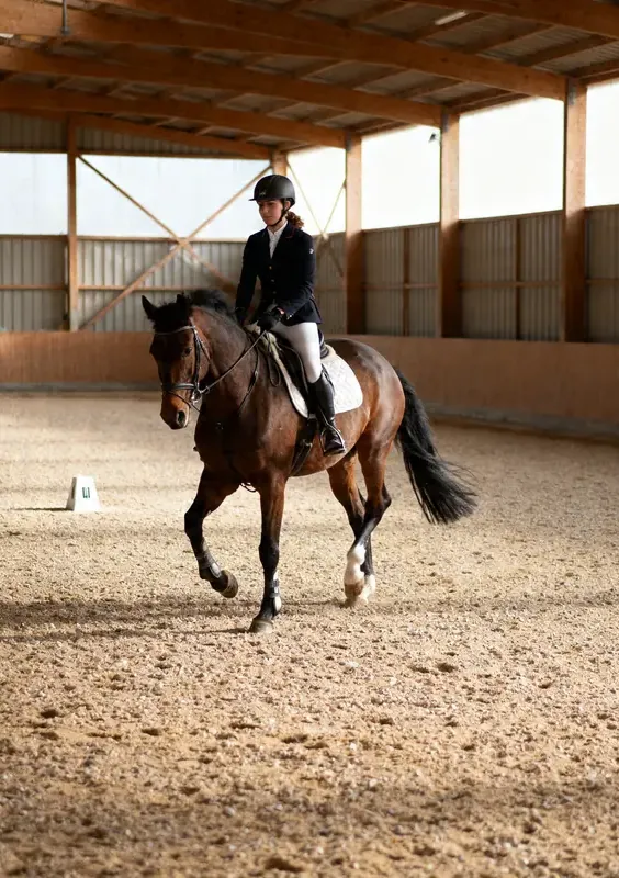 Cavalière au trot sur un cheval bai dans un manège couvert à charpente de bois