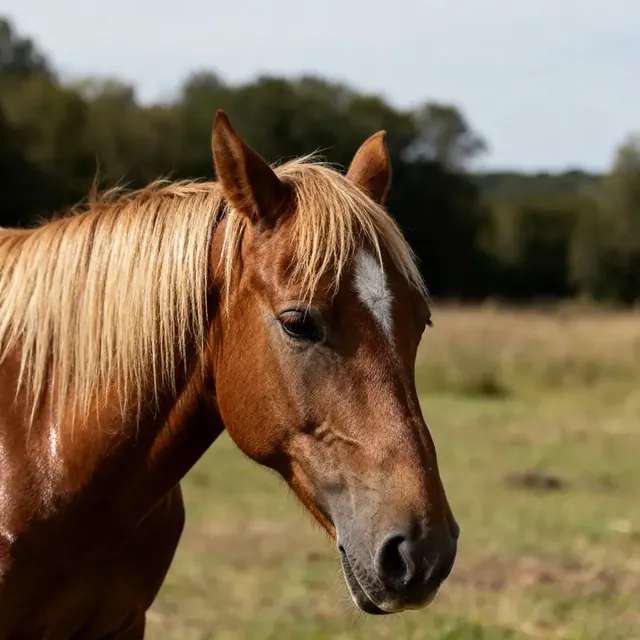 Tête d’un cheval alezan aux crins lavés, dans un pré en fin d’été