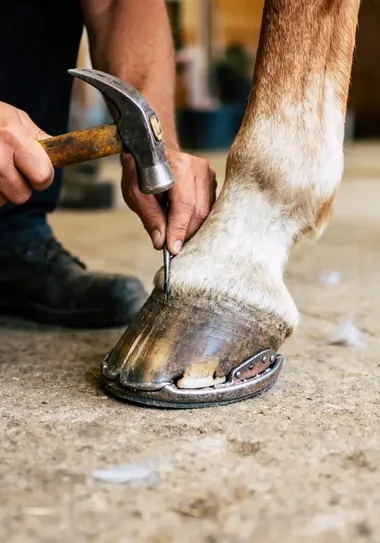 Maréchal-ferrant qui broche un clou dans le fer posé sur le sabot d’un cheval