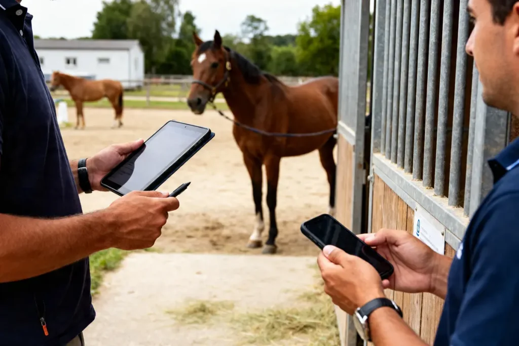 Deux personnes utilisent des appareils numériques devant un cheval avec Equiressources en contexte équestre