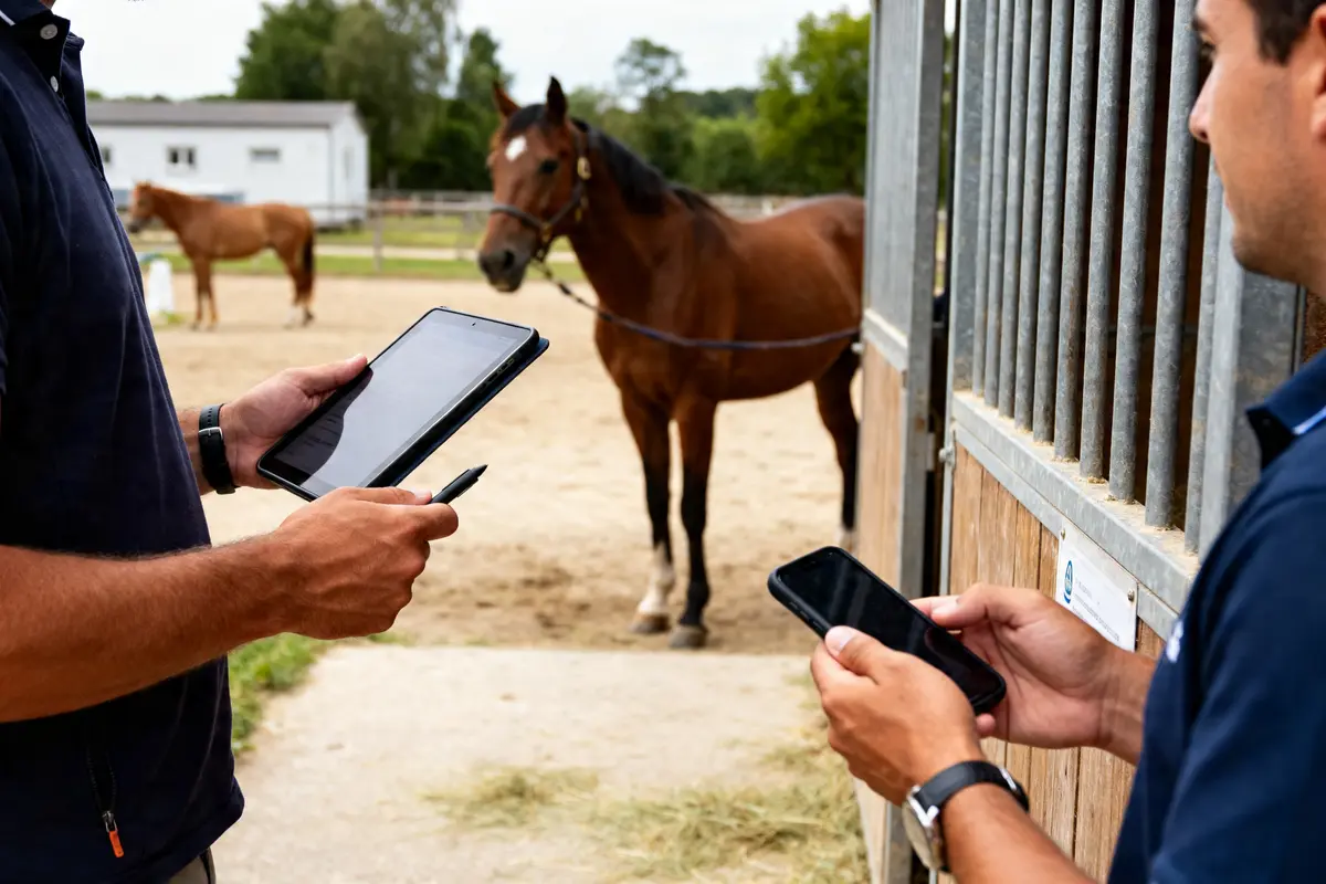 Deux personnes utilisent des appareils numériques devant un cheval avec Equiressources en contexte équestre