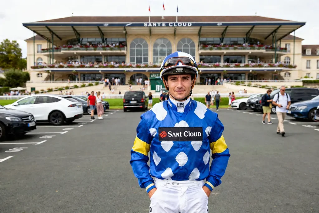 Jockey devant l'hippodrome de Saint-Cloud avec public et tribunes en arrière-plan