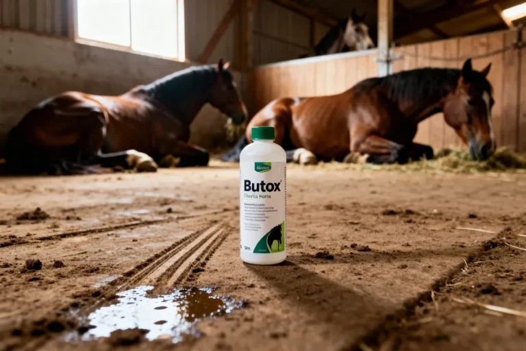 Bouteille de Butox pour chevaux dans une écurie avec deux chevaux couchés.