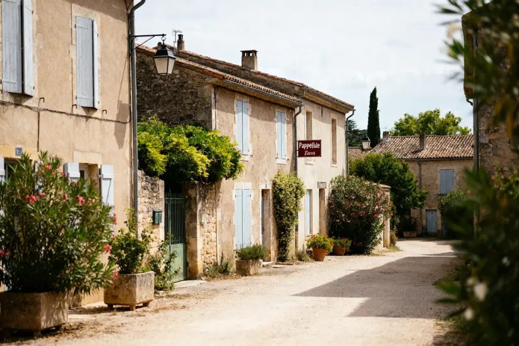 Rue de village charmant avec panneau Jappeloup et façades en pierre et volets bleus