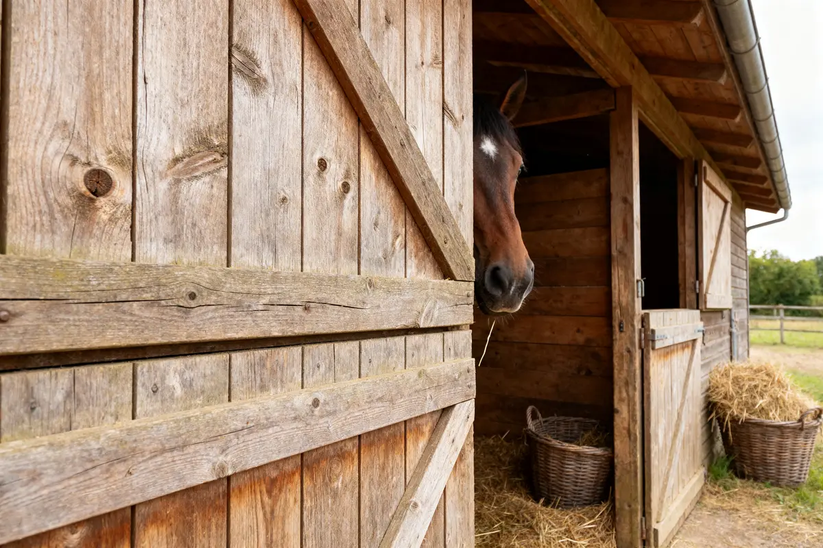 Cheval dans un abri en bois pour abri à chevaux avec paille et panier osier