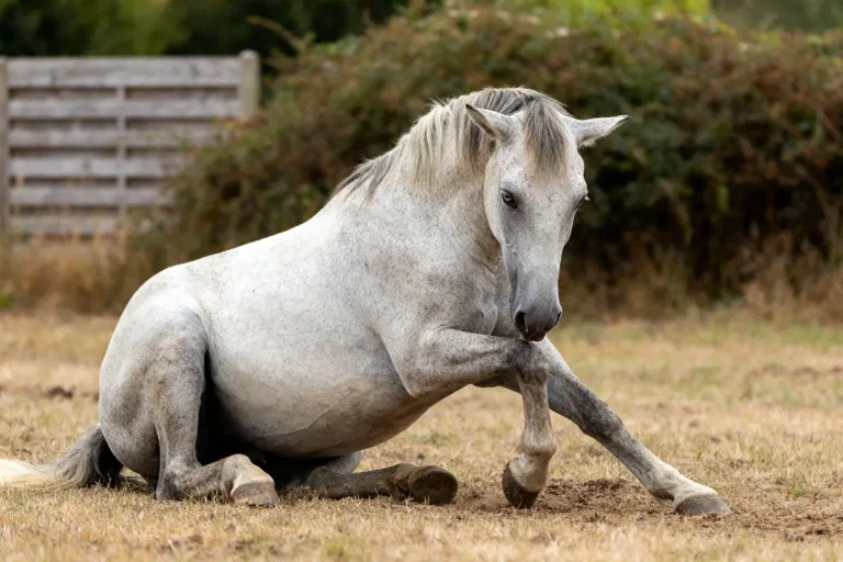 Cheval gris allongé au sol pouvant souffrir de colique chez le cheval