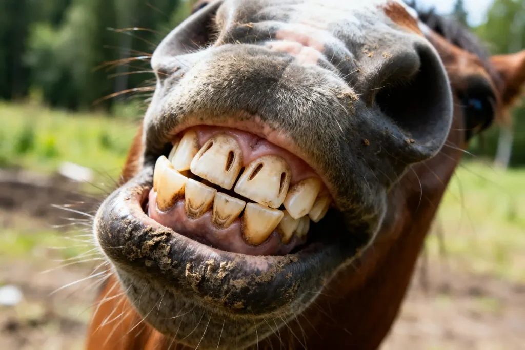 Un cheval montrant ses dents du cheval en gros plan dans un champ verdoyant
