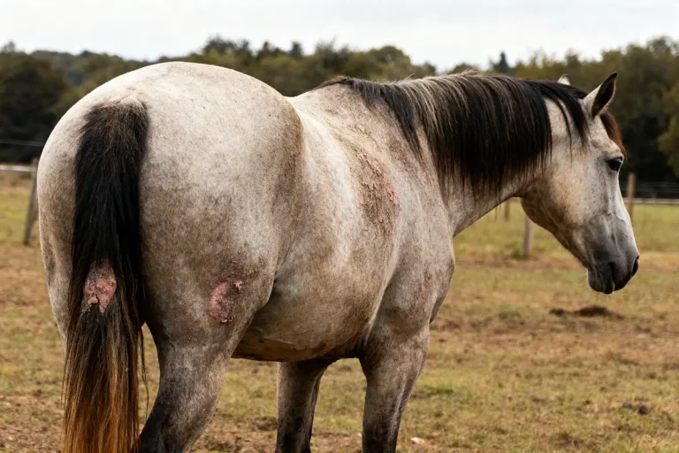 Cheval en pâturage avec des lésions causées par la dermite du cheval sur la peau
