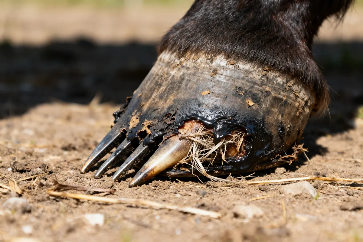 Sabot de cheval montrant une fourchette pourrie chez le cheval avec débris visibles