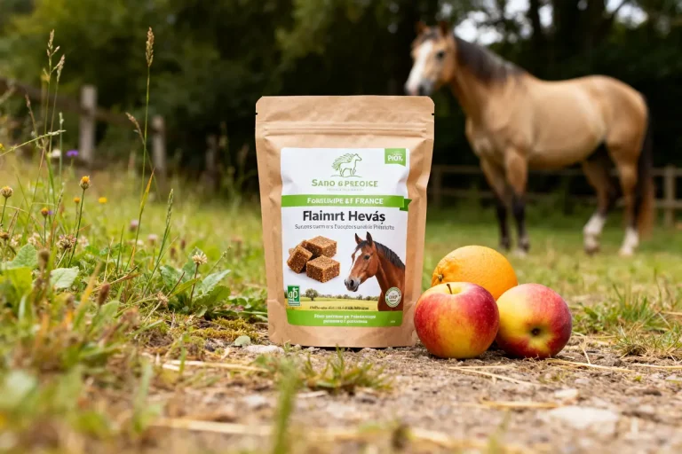 Sac de friandises pour cheval devant pommes et cheval marron en pâturage
