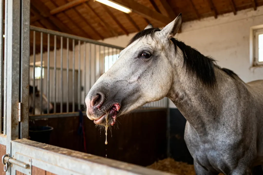 Cheval atteint de gourme en box avec écoulements nasaux.