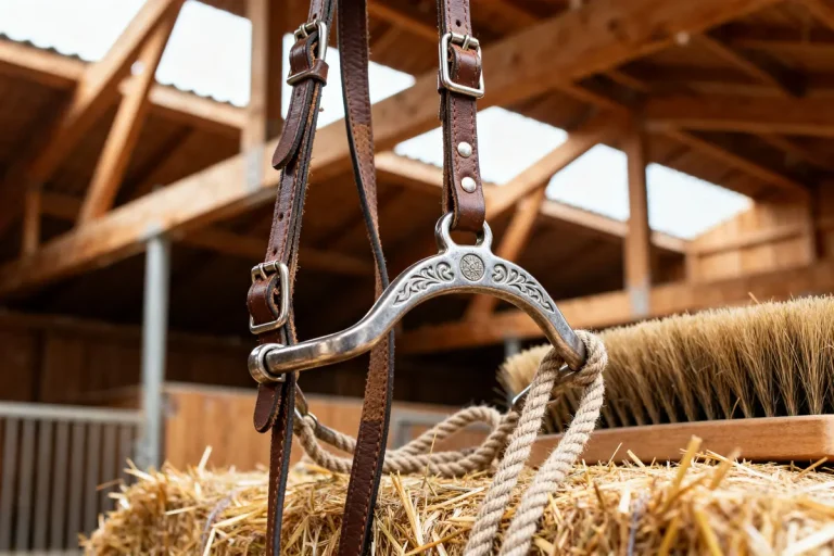 Gros plan sur un hackamore pour cheval suspendu dans une écurie en bois