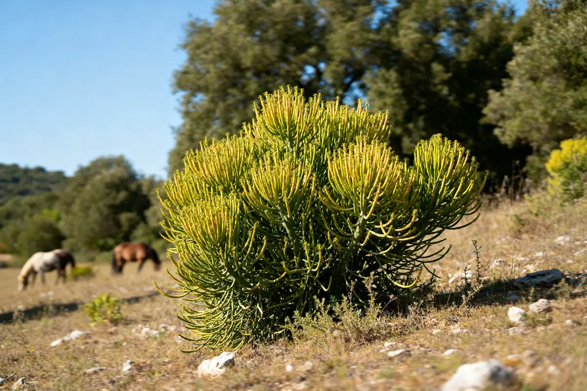 Paysage champêtre avec plante verte, chevaux au loin, idéal pour harpagophytum pour cheval