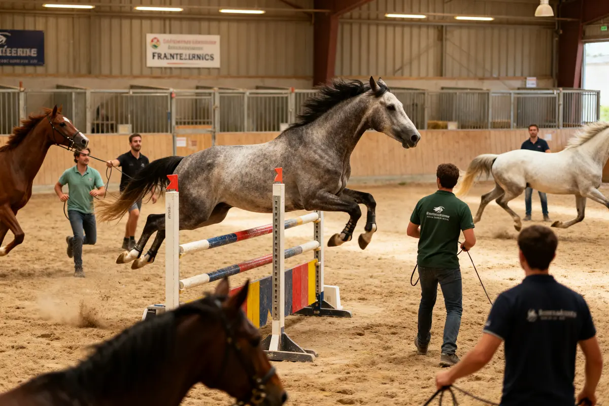 Grand manège intérieur avec chevaux sautant des obstacles jeux gratuits sur les chevaux captivants entraînement