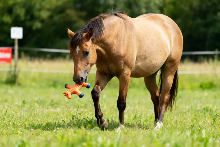 Cheval tenant un jouet coloré en plastique dans un pré, illustrant les jeux pour chevaux