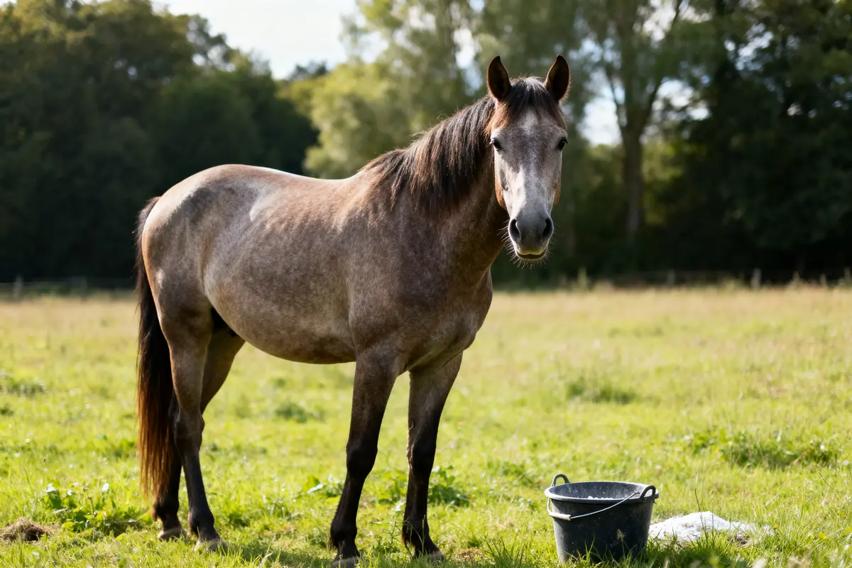 Cheval dans un pré avec un seau de magnésium pour cheval à ses pieds