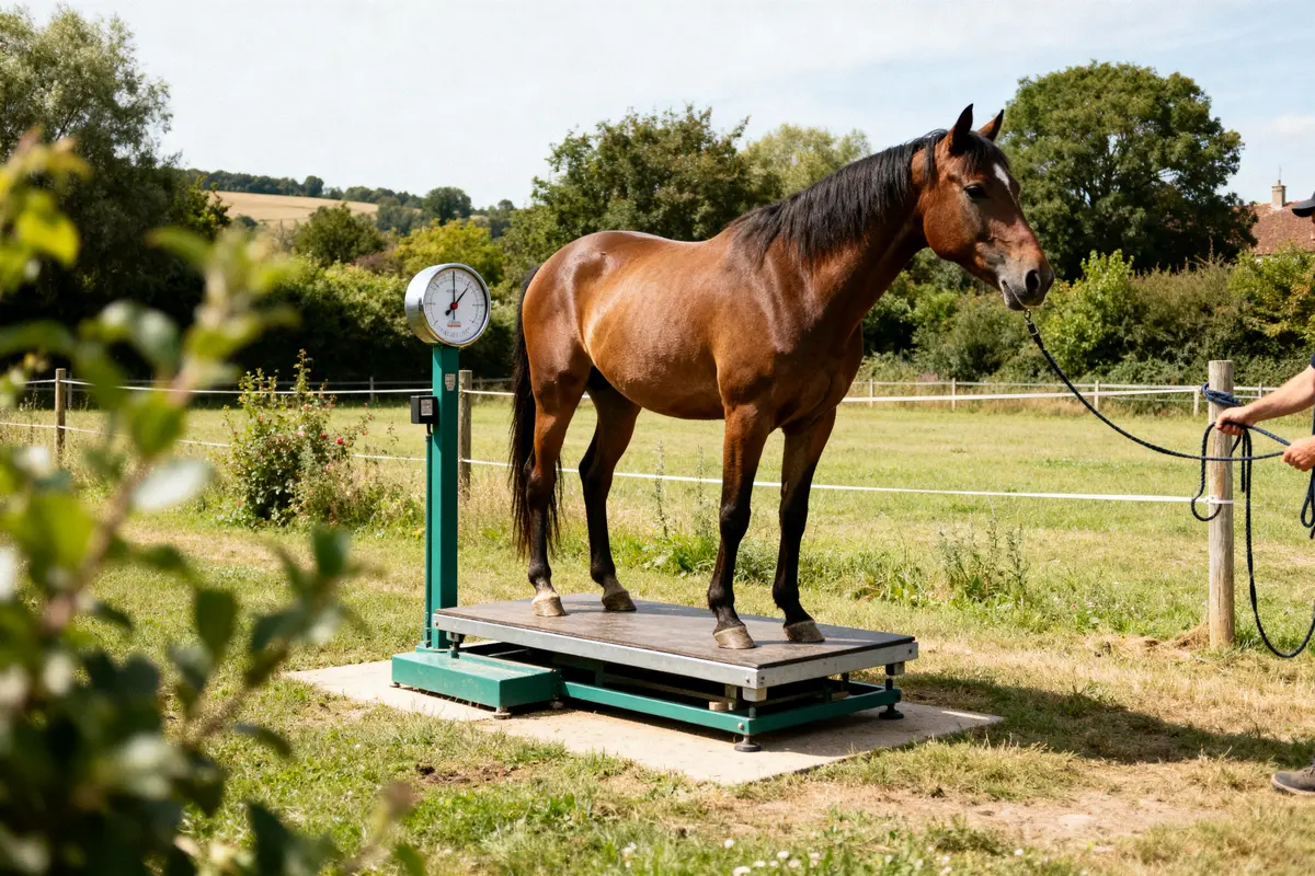 Cheval pesé sur une balance extérieure pour mesurer le poids des chevaux en pâturage