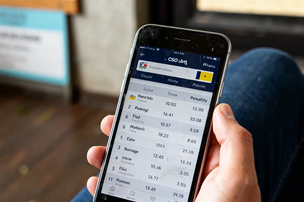 Main tenant smartphone affichant résultats CSO en direct lors d'une compétition équestre