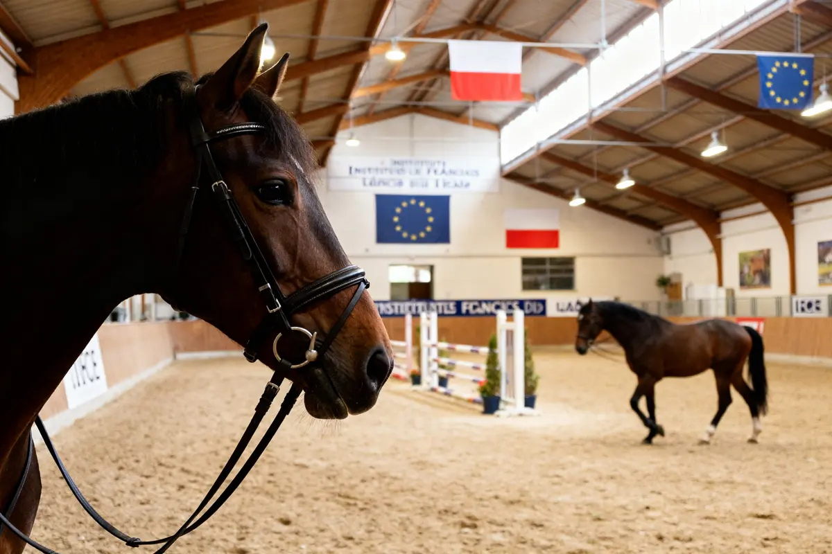 Deux chevaux dans un manège intérieur IFCE — Institut Français du Cheval.