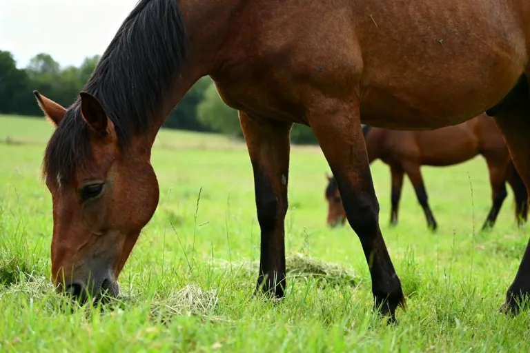Chevaux broutant de l'herbe verte dans un pré illustrant l'alimentation des chevaux