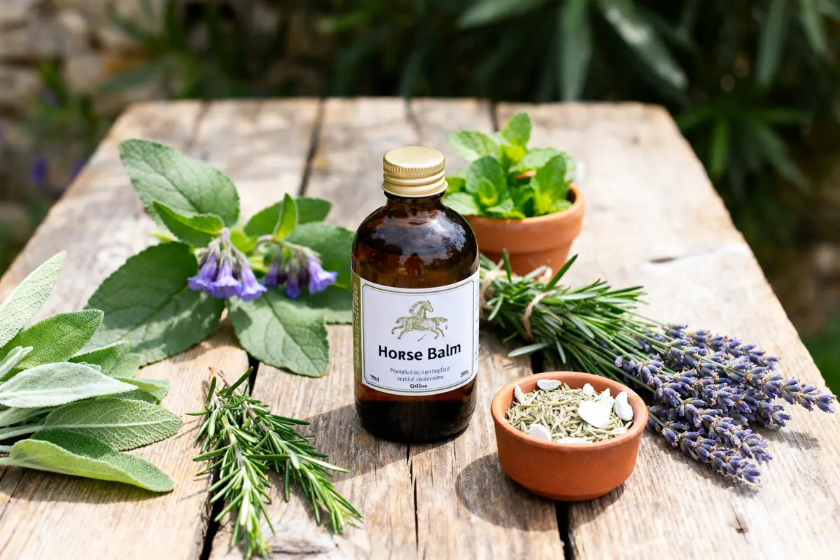 Flacon de baume du cheval entouré de plantes médicinales sur une table en bois
