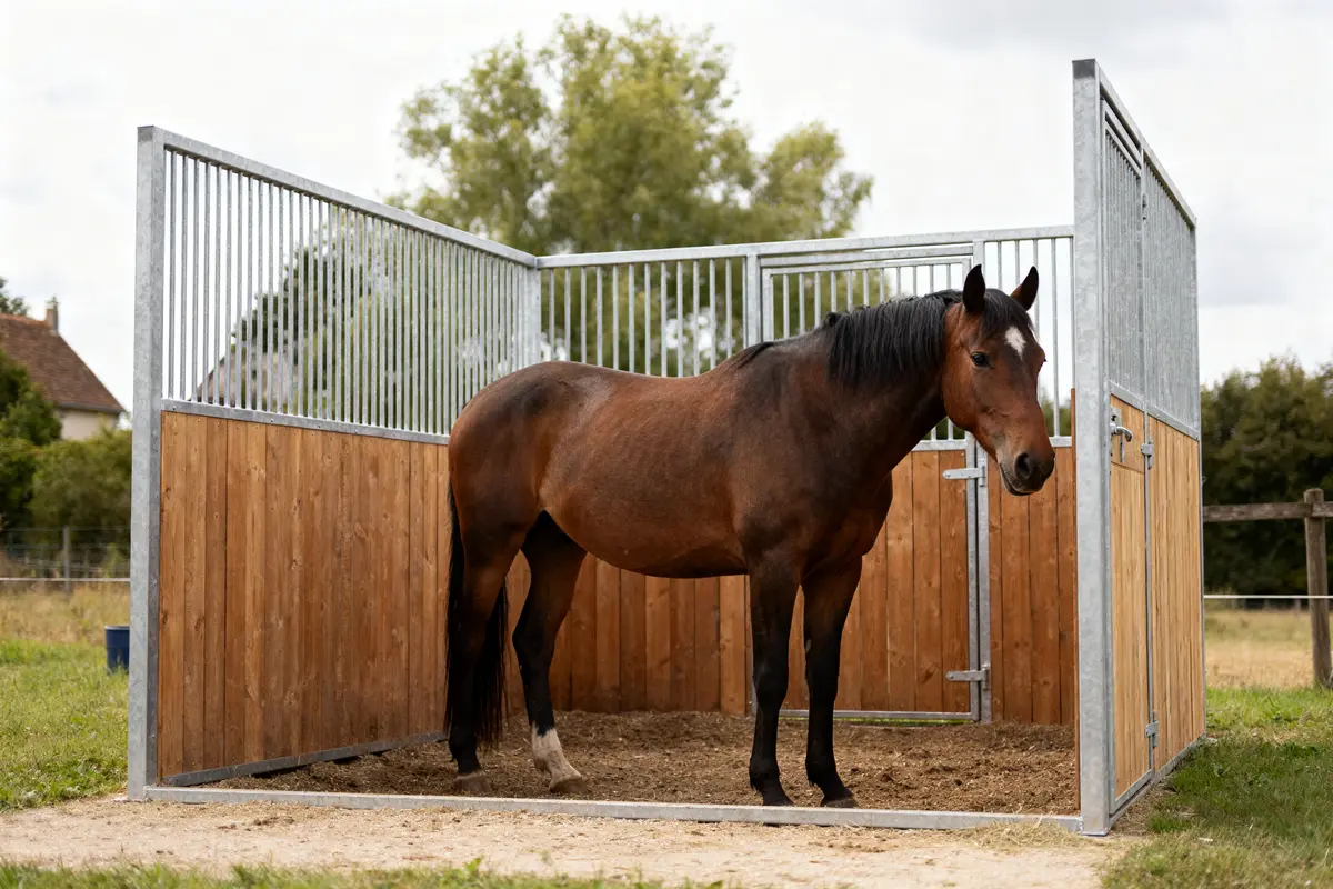 Cheval brun debout dans une box pour cheval en bois et métal en extérieur