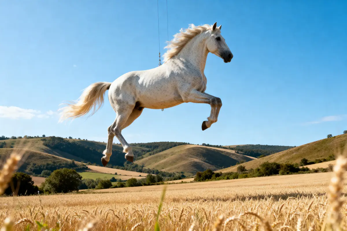 Cheval blanc flottant dans le ciel au-dessus d'un champ de blé cheval du ciel