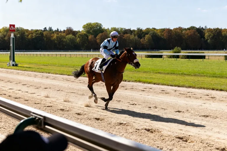 Jockey chevauchant un cheval galopant à l'hippodrome de Chantilly sur une piste ensoleillée