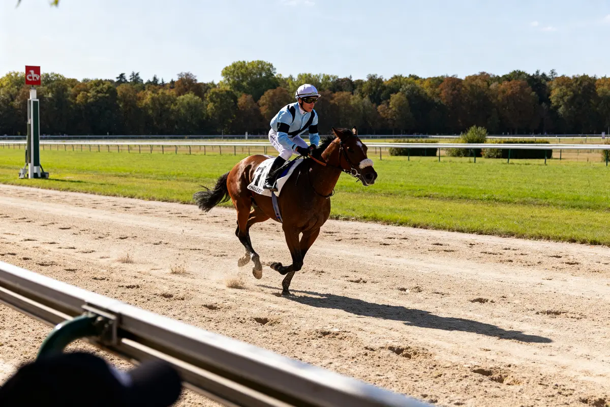 Jockey chevauchant un cheval galopant à l'hippodrome de Chantilly sur une piste ensoleillée