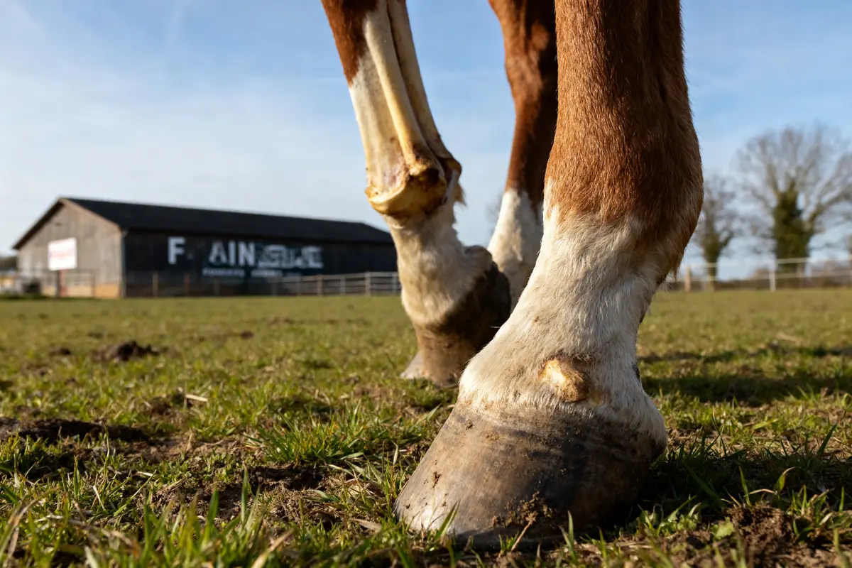 Vue du jarret du cheval dans un champ près d'une grange en bois