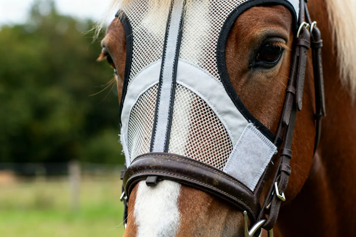 Cheval portant un masque pour cheval avec filet protecteur en gros plan dans un pré