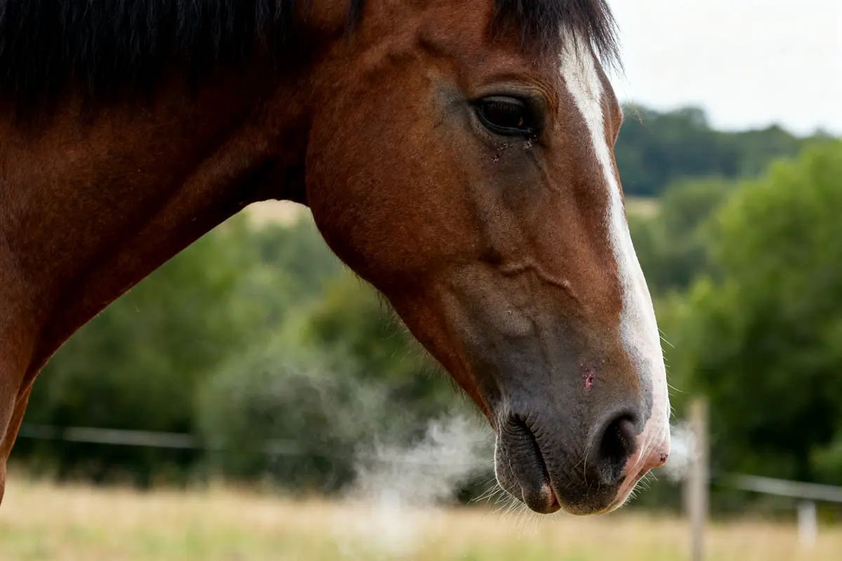 Cheval exhalant de la vapeur, symptôme possible de rhinopneumonie chez le cheval en extérieur