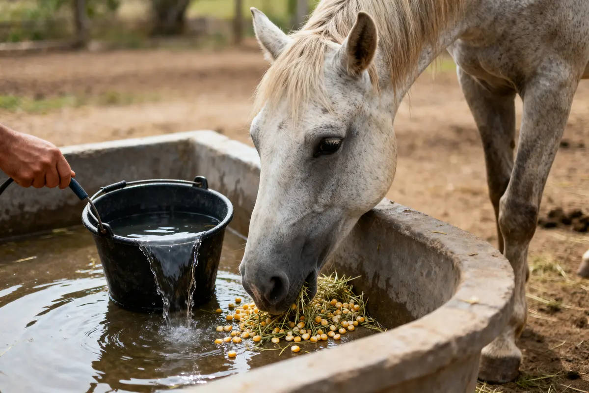Cheval mangeant herbes et fleurs dans abreuvoir pour soins du cheval appropriés