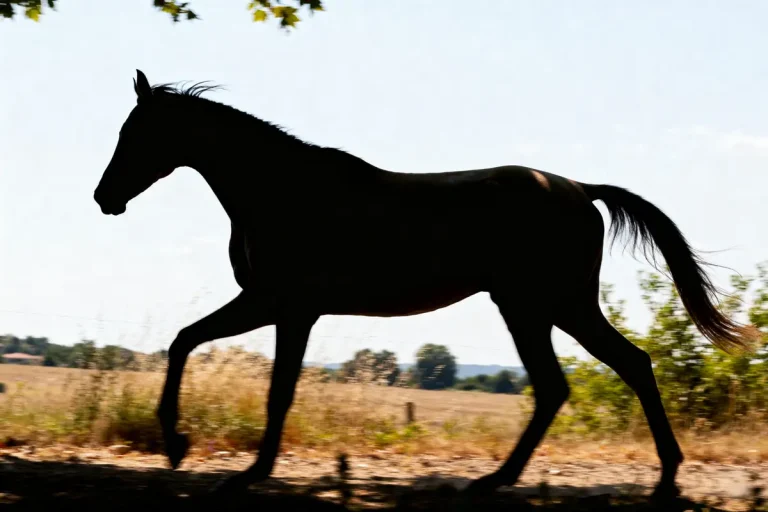 Silhouette de cheval Akhal-Téké trottant dans un paysage champêtre ensoleillé