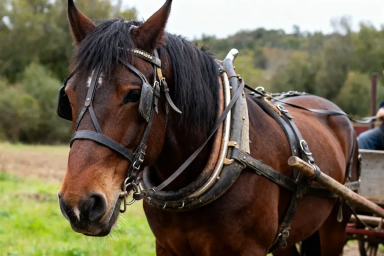 Cheval de trait brun attelé dans un champ verdoyant avec des arbres en arrière-plan