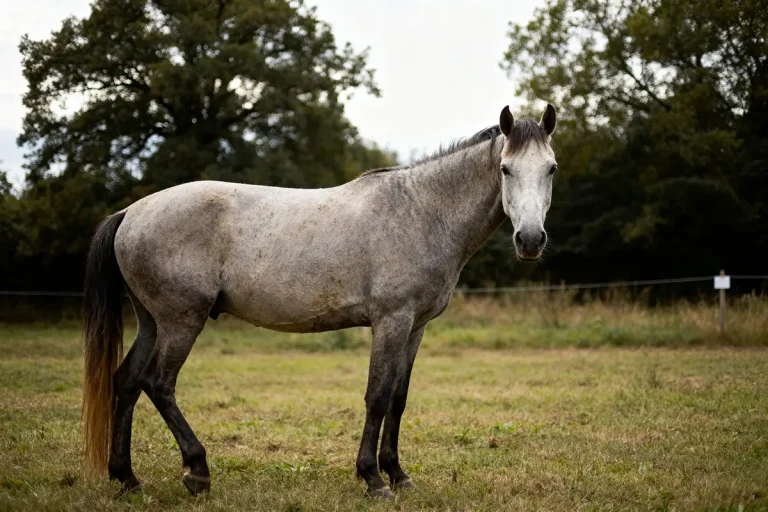 Cheval tondu gris debout dans un pré en bordure de forêt