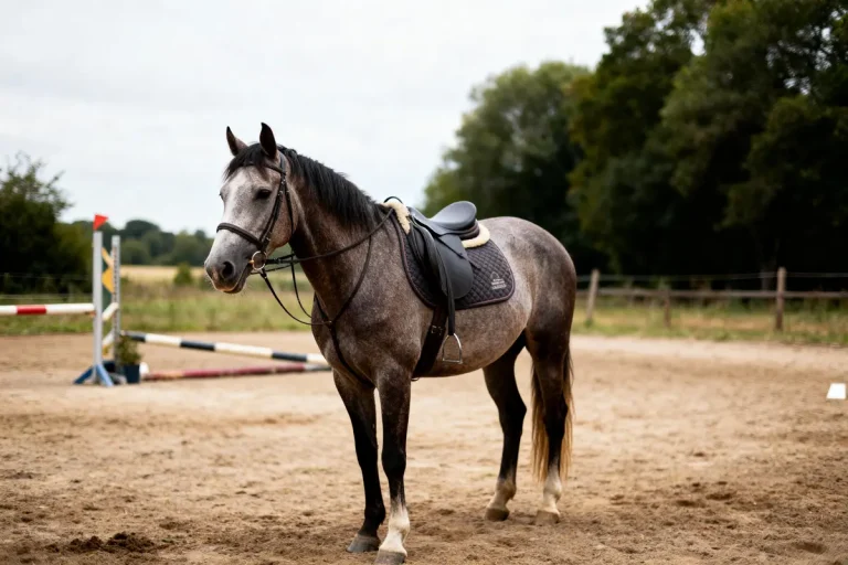 Cheval sellé sur terrain de saut d'obstacles, découvrez combien coûte un cheval