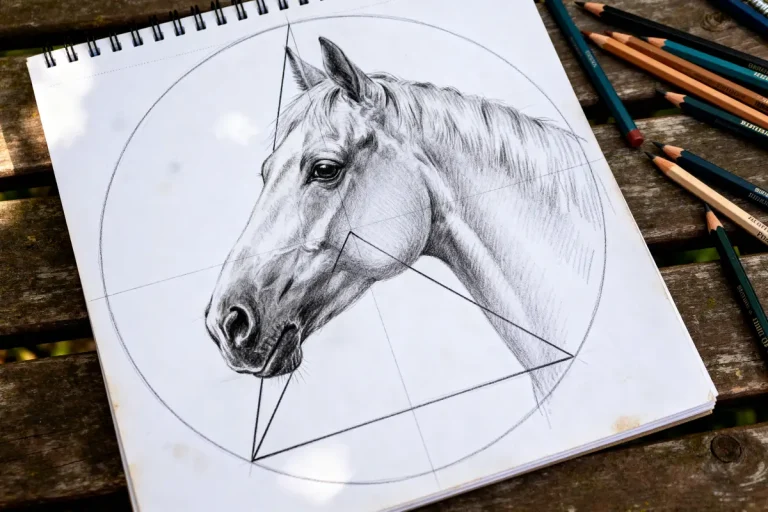 Croquis détaillé montrant comment dessiner une tête de cheval avec des guides géométriques