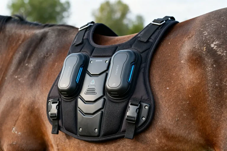 Gros plan sur un cheval portant un gilet d'équitation technologique avec capteurs modernes