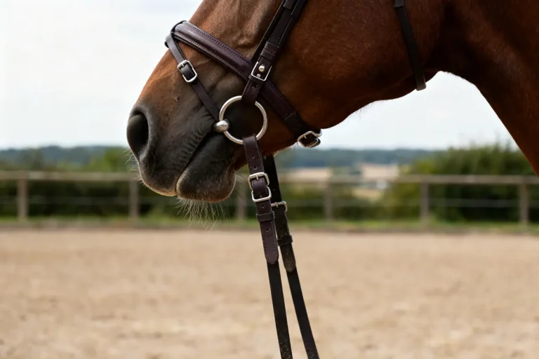 Gros plan sur la tête d'un cheval équipé d'une martingale pour cheval ajustée.
