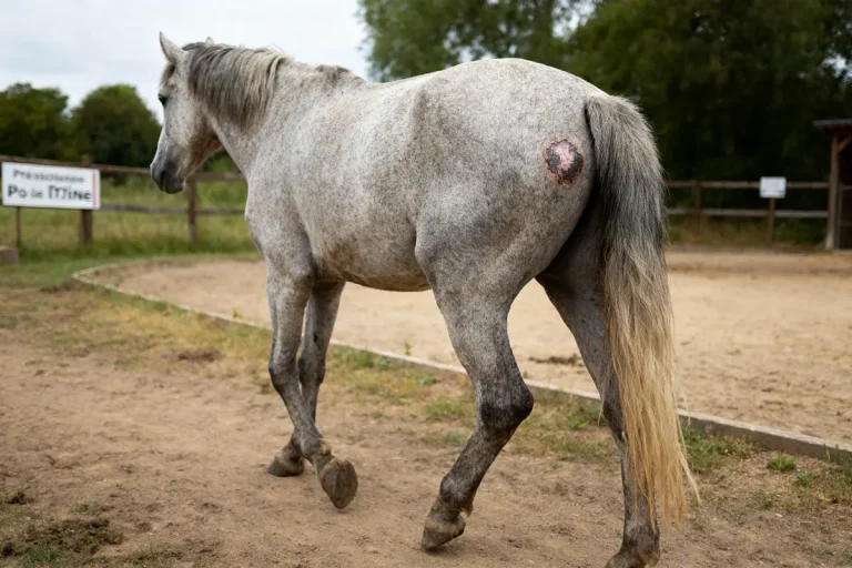 Cheval gris présentant un mélanome sur la croupe dans un enclos extérieur