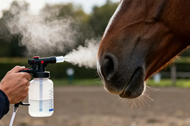 Nébulisateur pour cheval diffusant un brouillard devant le museau du cheval en extérieur
