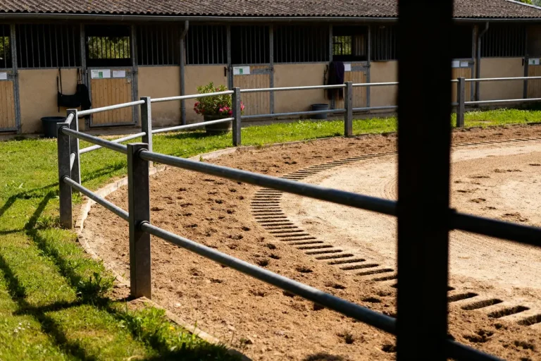 Paddock pour cheval en sable entouré de clôtures et écuries en arrière-plan