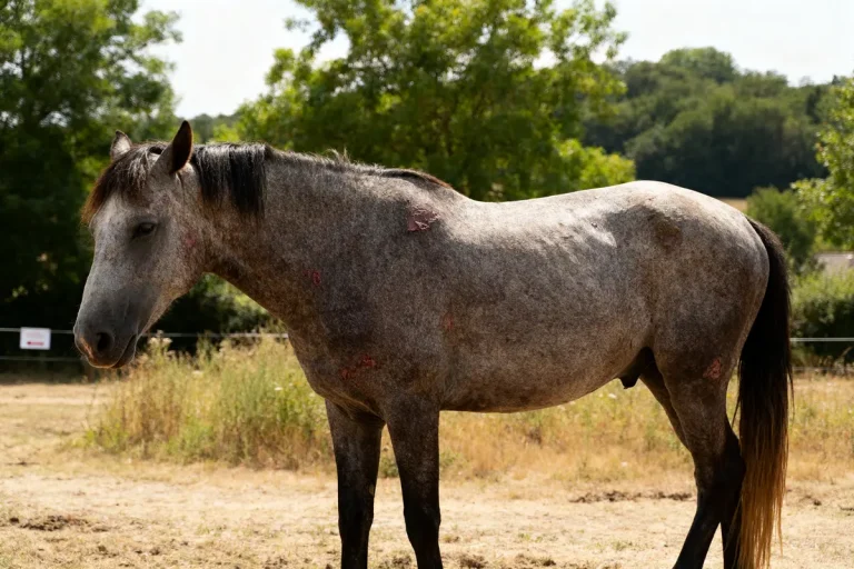 Cheval gris dans un champ présentant des symptômes de piroplasmose chez le cheval