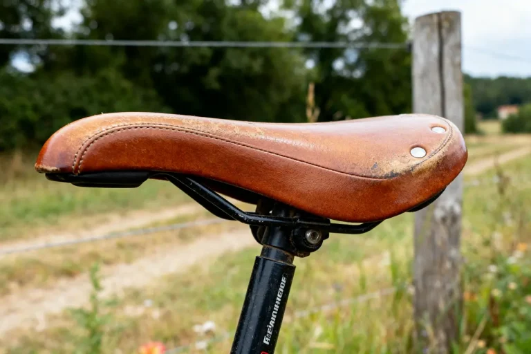 Selle de vélo en cuir brun sur fond champêtre avec pomme de selle visible