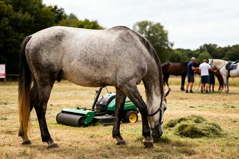Cheval mangeant du foin dans un champ, importance du prix d'un cheval dans l'élevage