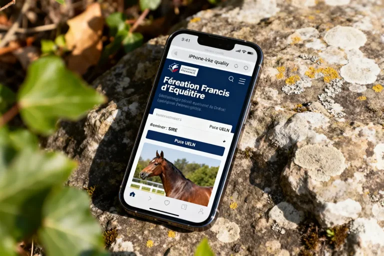 Téléphone affichant rechercher un cheval sur le site de la FFE sur un rocher