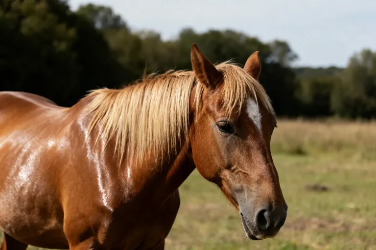 Cheval marron brillant dans un pré ensoleillé montrant la robe du cheval élégante