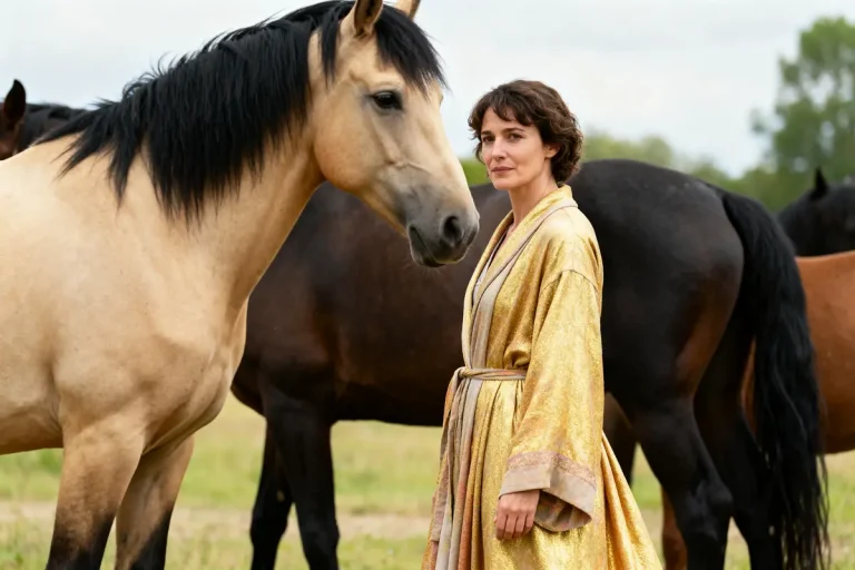 Femme en robe dorée près d'un cheval isabelle chez les chevaux dans un pré
