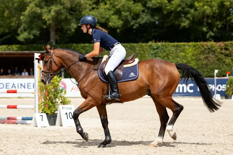 Cavalière en tenue de compétition équestre montant un cheval lors d'un concours de saut